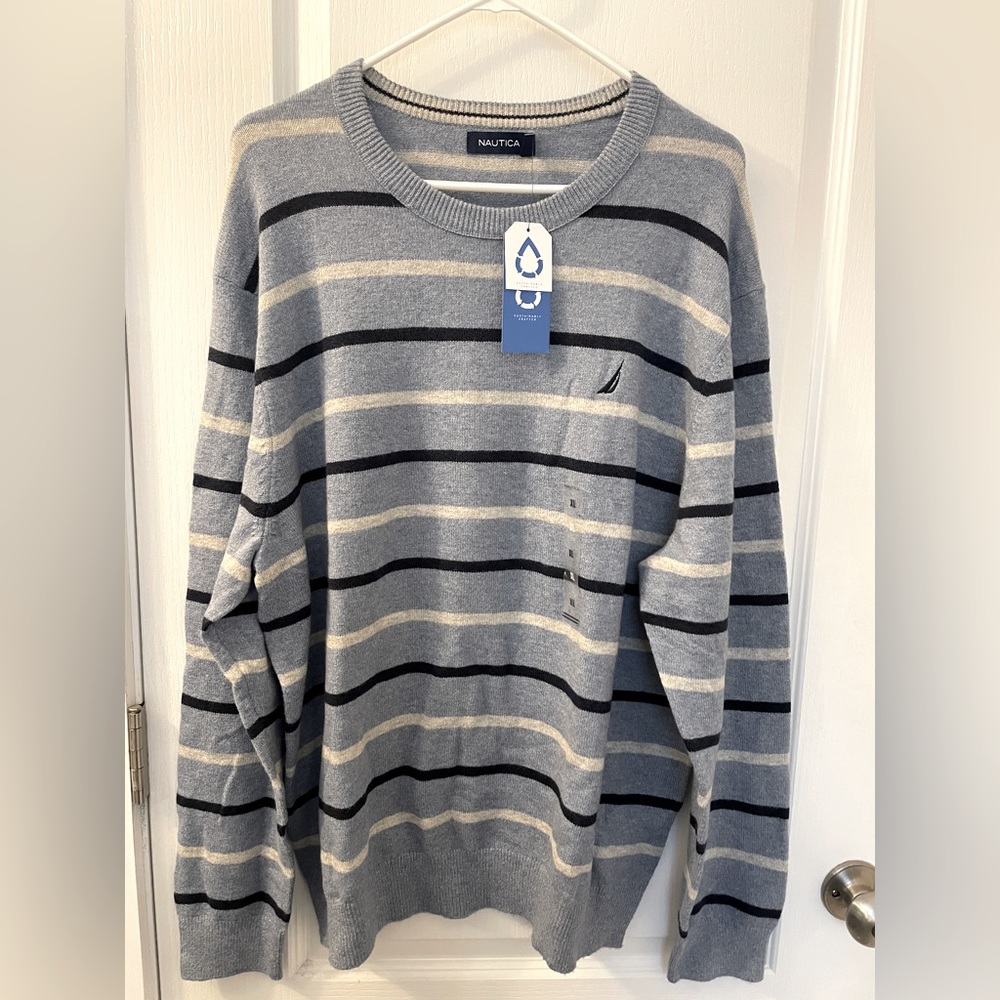 Nautica men’s crew neck sweater. NWT Blue stripe, XLG.